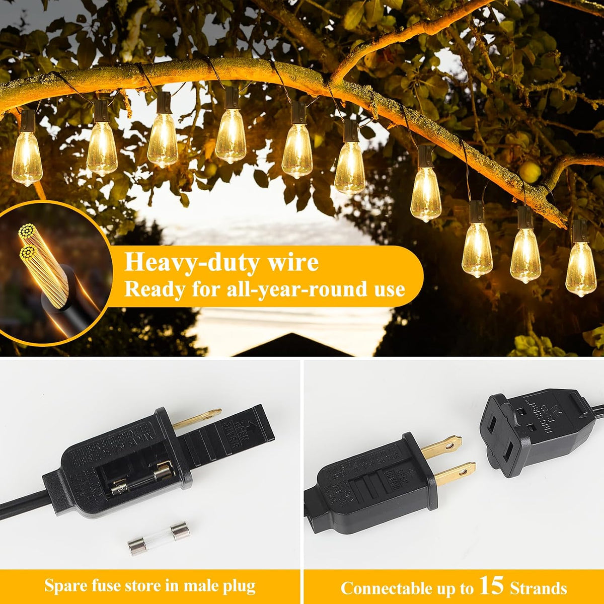 brightever 100ft outdoor string lights 52 bulbs, waterproof, package contents