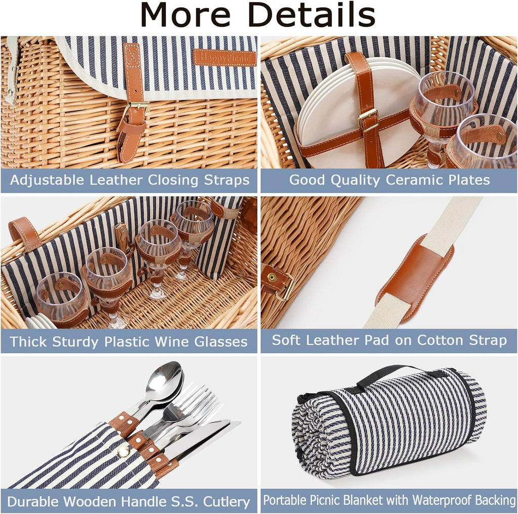 WILLOW WEAVE Wicker Picnic Basket for 4 with Wine Table - Stripe