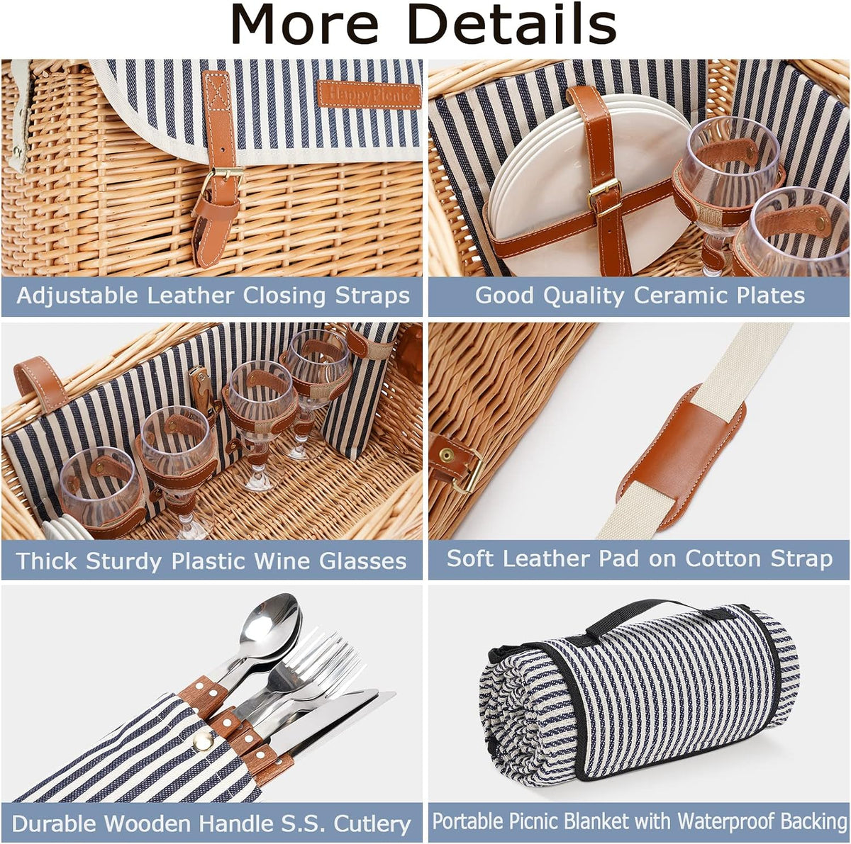 WILLOW WEAVE Wicker Picnic Basket for 4 with Wine Table - Stripe