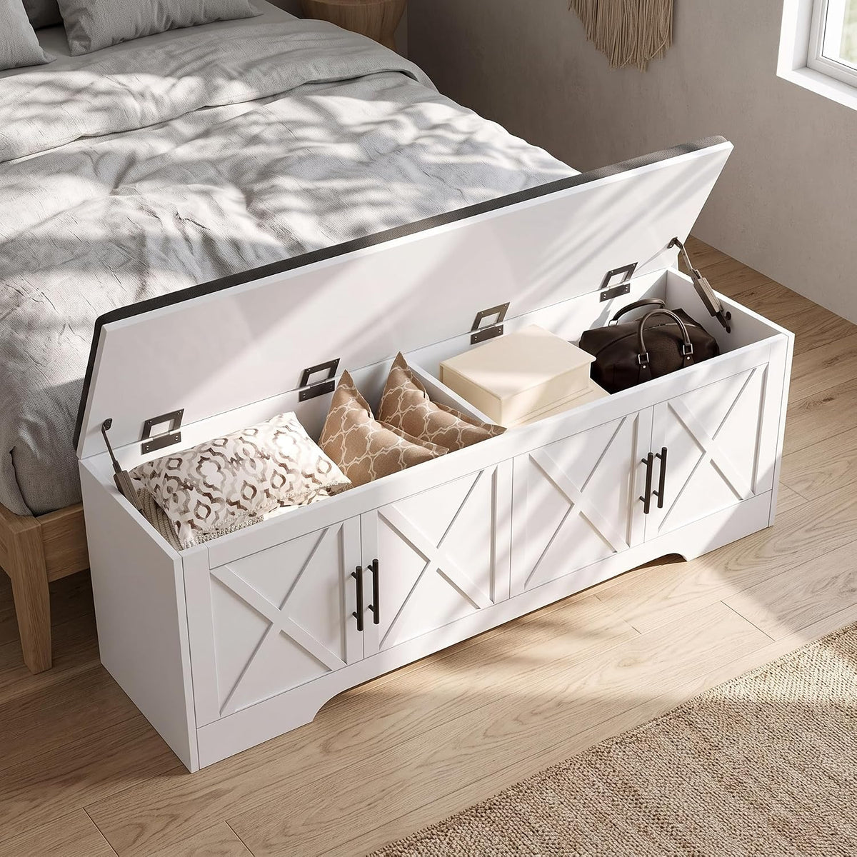 DreamDashio Storage Bench with Cushion, 47.2" End of Bed Storage Bench with Lift Top, Window Bench Seat with Storage for Bedroom, Mudroom, Entryway, Living Room & Hallway, White