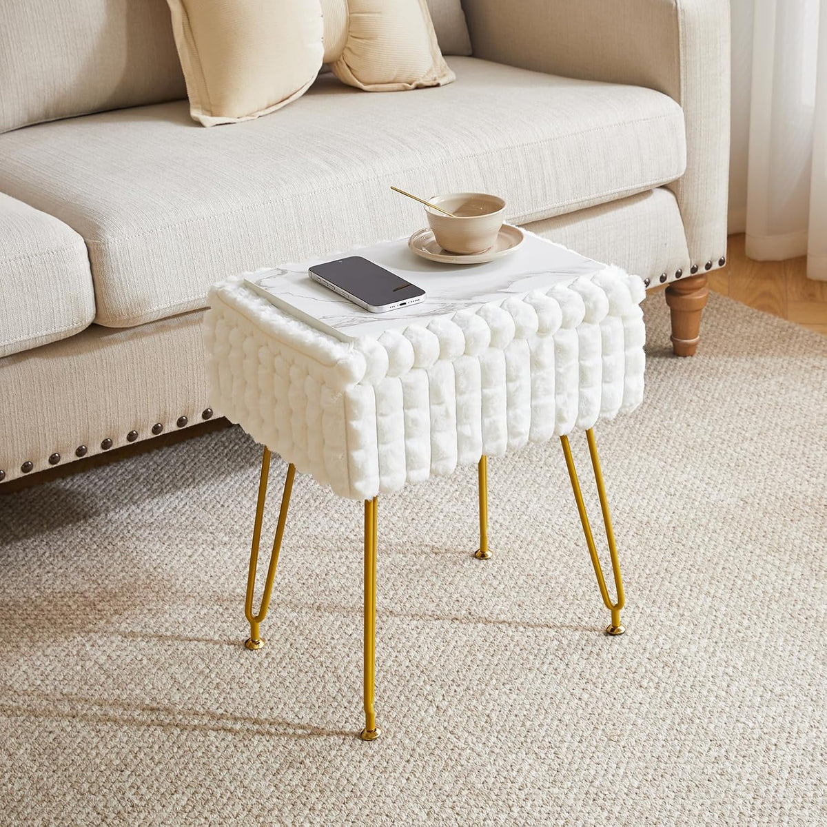 IBUYKE Rectangle Vanity Chair Ottoman, Footrest Stool, White WBD004W