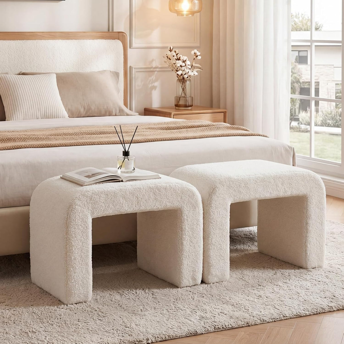 Tribesigns Set of 2 Modern Vanity Stool, Sherpa Upholstered Foot Stool Ottoman, Large Foot Rest for Couch, Shoe Bench for Entryway, Extra Seating for Living Room, Bedroom, No Assembly, White