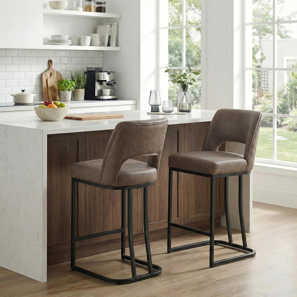 Usaint 25" Counter Height Faux Leather Bar Stools Set of 2, Dark Brown