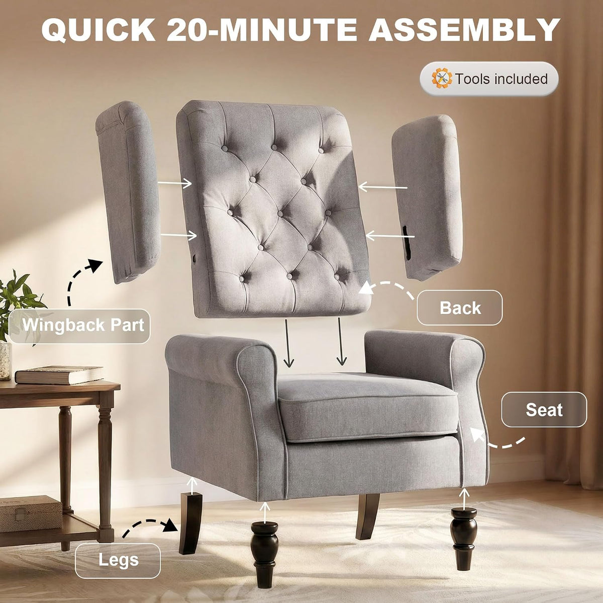 HOMCOM Mid-Century Modern Accent Chair, High Wingback Armchair, Gray