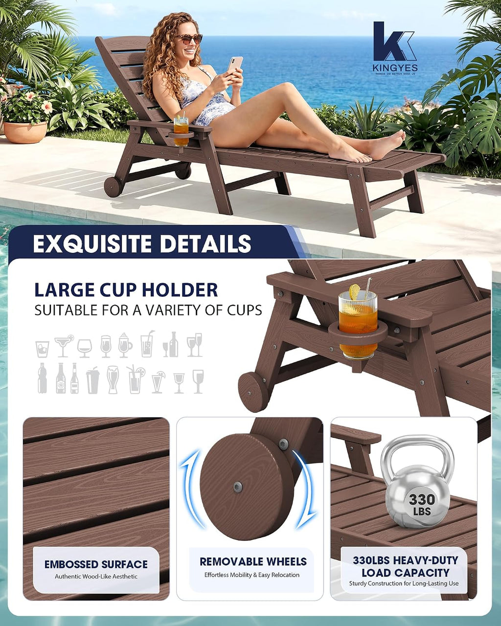 KINGYES HDPE Lounge Chair Outdoor Set of 2, All Weather Pool Lounger
