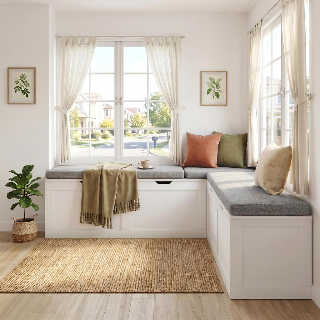 63” Breakfast Nook Bench, L Shaped Storage Bench with Cushion, White