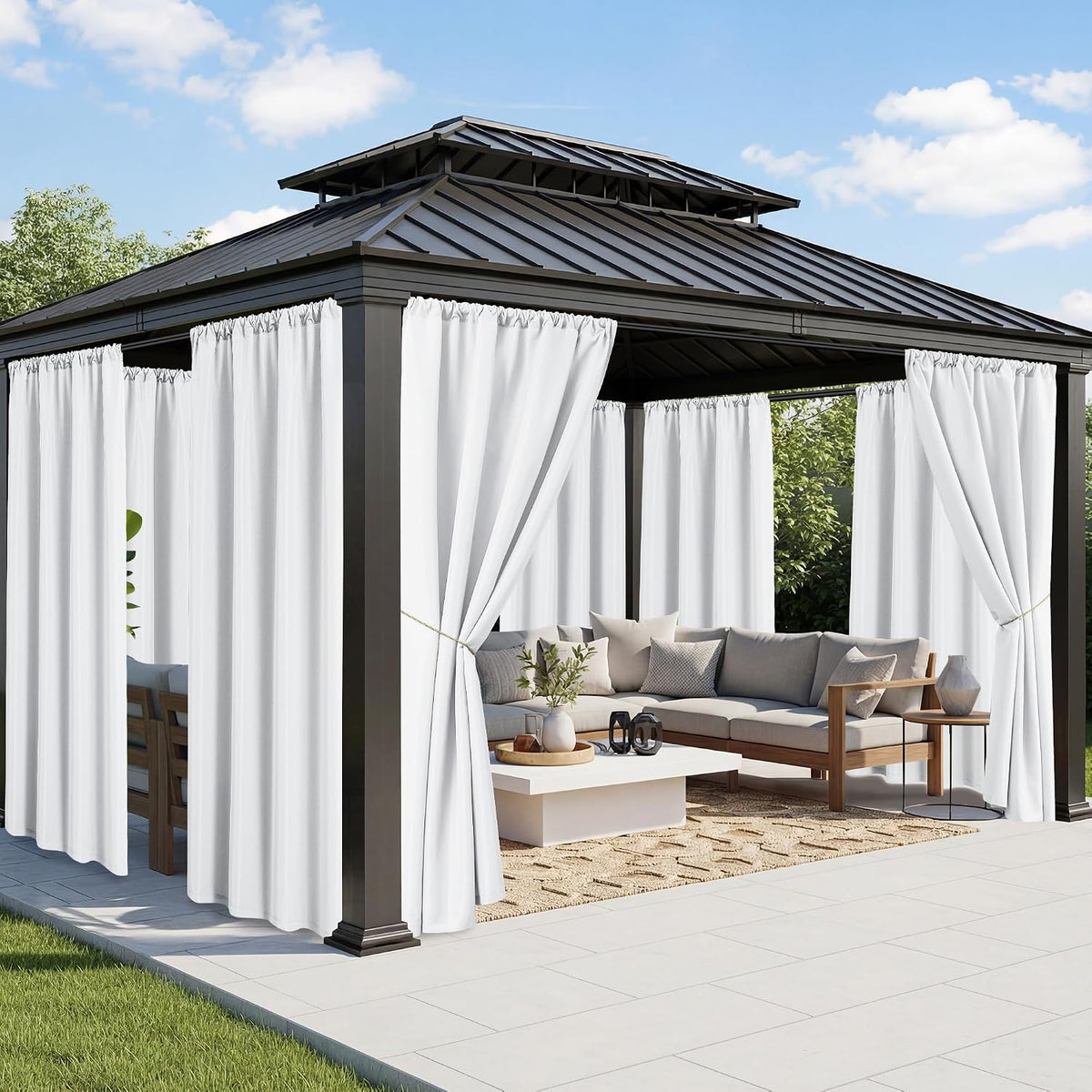White Outdoor Curtains for Patio Waterproof, 8 Panels, Rod Pocket
