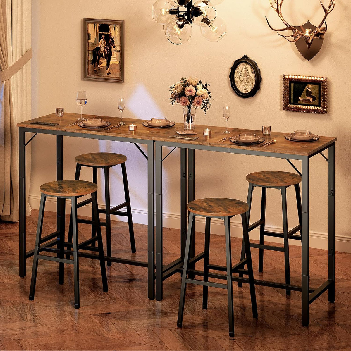 HOOBRO Bar Table with Charging Station, Rectangular Pub Table, High Top Coffee Table, Counter Bar Height Table, Narrow Long Dining Table, 35.4" L x 15.7" W x 35.6" H, Rustic Brown and Black BF90UBT01