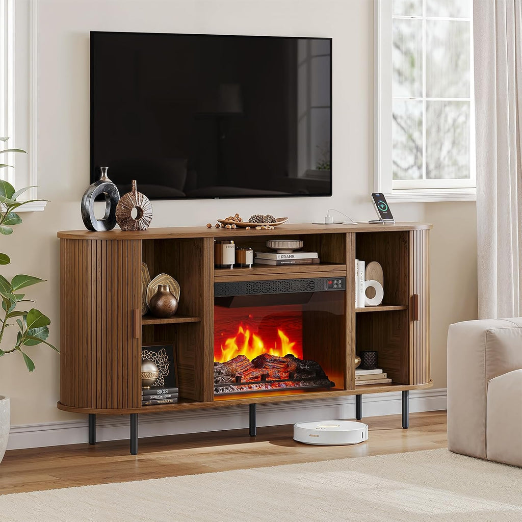 ComfyCorner 63" Fluted Fireplace TV Stand with Sliding Doors & Power Outlet