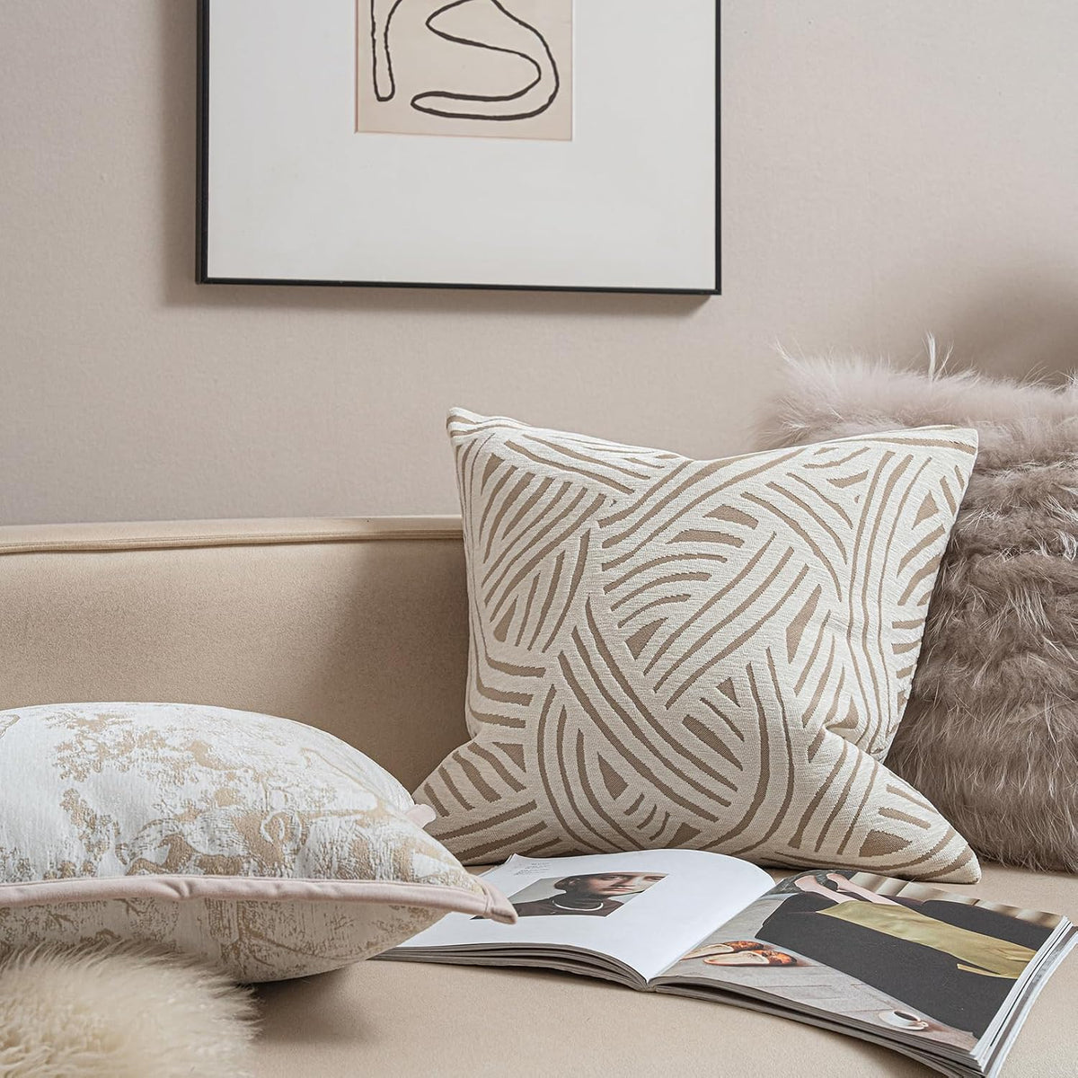 Croker Horse New 22x22'' inches Throw Pillow Cushion Covers - Paradise Beige Color Chenille Jacquard Embroidery Luxury Modern Style Couch Sofa Bed Pillow Cover for Living Room Bedroom