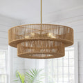 22" Boho Rattan Chandelier, 5-Light Gold Pendant Light