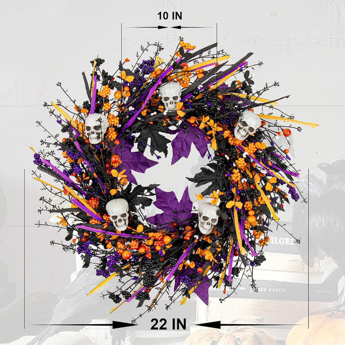 LLZLL Halloween Wreaths for Front Door 22 Inch Halloween Wreath Artificial Skull Wreath with Maple Leaves and Berries for Gothic Decoration