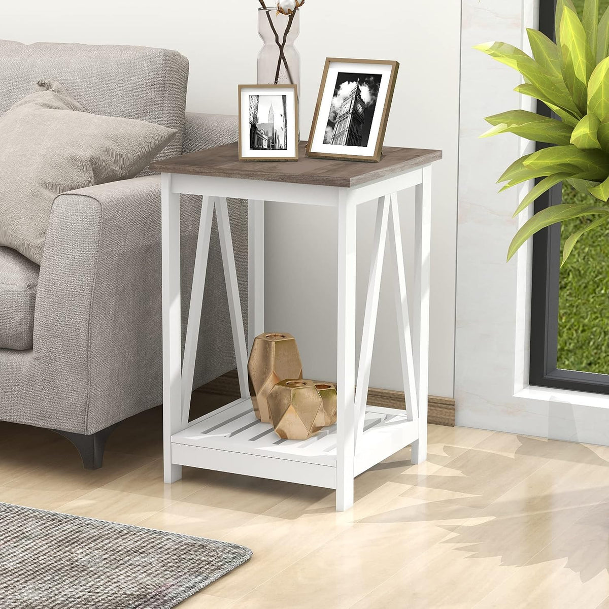 Farmhouse Coffee Table and End Table Set, Oak Grey Wooden Living Room Furniture with Slats Base, Oak Grey (2-Piece)