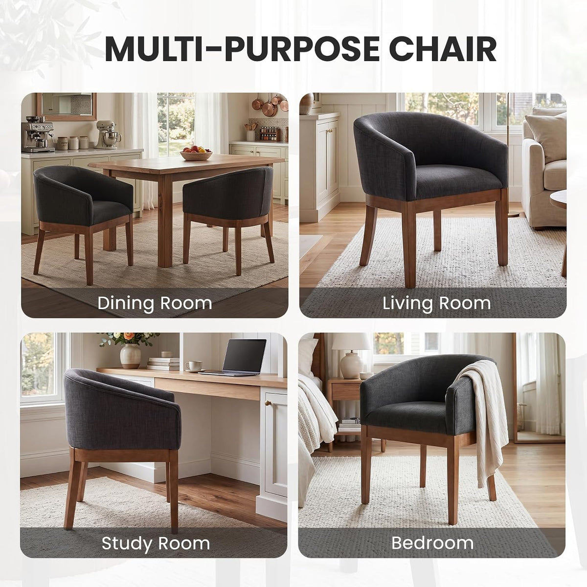 RIVOVA Barrel Dining Chairs Set of 8, Modern Upholstered Linen Kitchen Chair Wooden Dining Room Chairs Curved Back, Farmhouse Dinner Chair with Wood Legs for Restaurant, Support 330 LBS, Charcoal