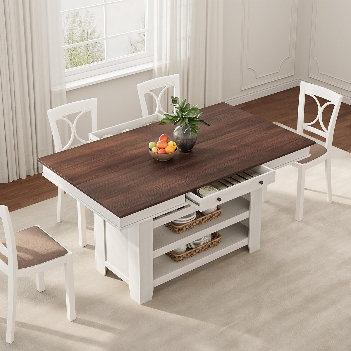GAOMON 60" Counter Height Dining Table for 4-6, Farmhouse Rectangular Bar Height Kitchen Table & Thick Table Top, with Deepened Wine Rack & Shelves for Kitchen, Bar, Retro White & Brown