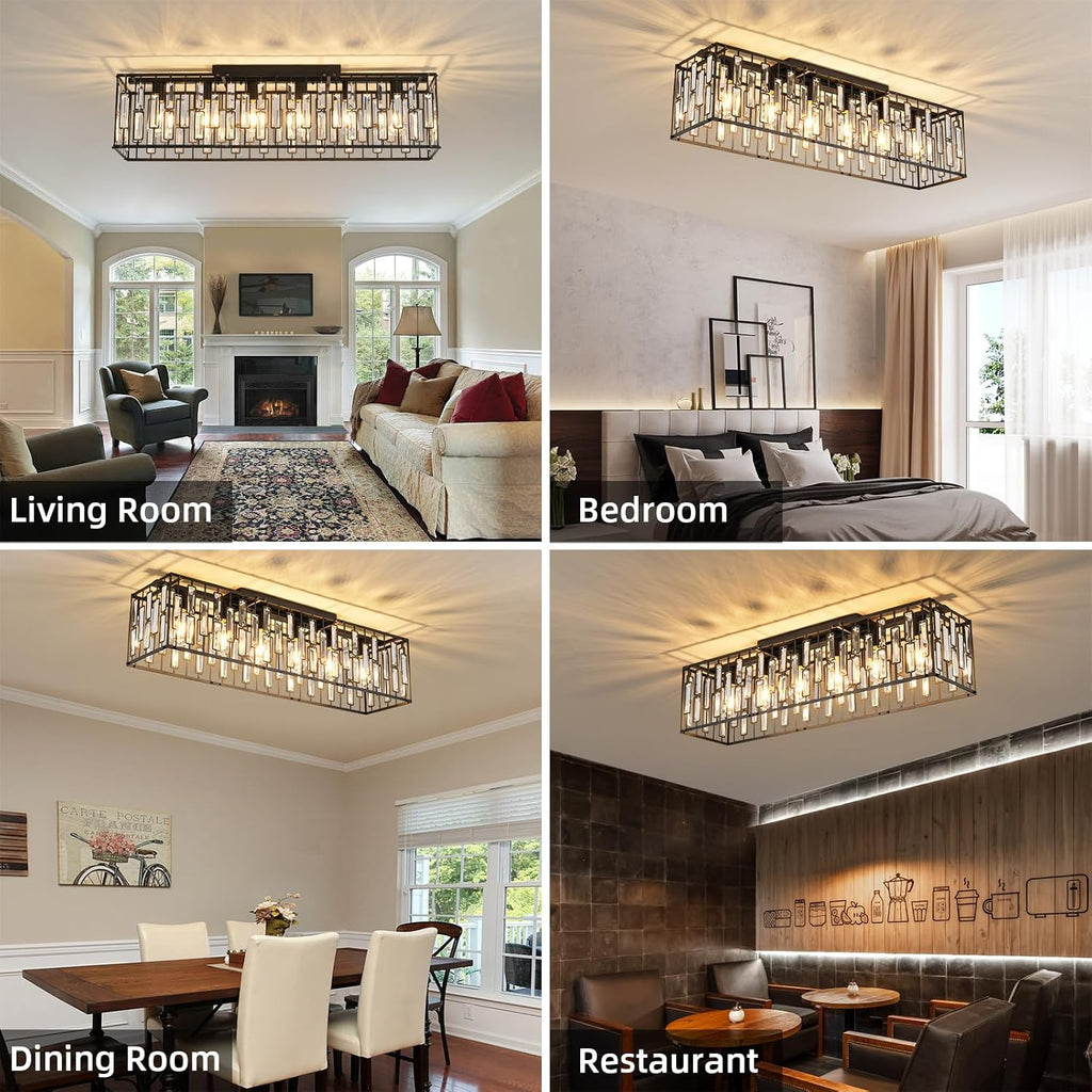 Garwarm 38.7 Inch Crystal Chandelier, 6-Light Black Rectangle Ceiling Light