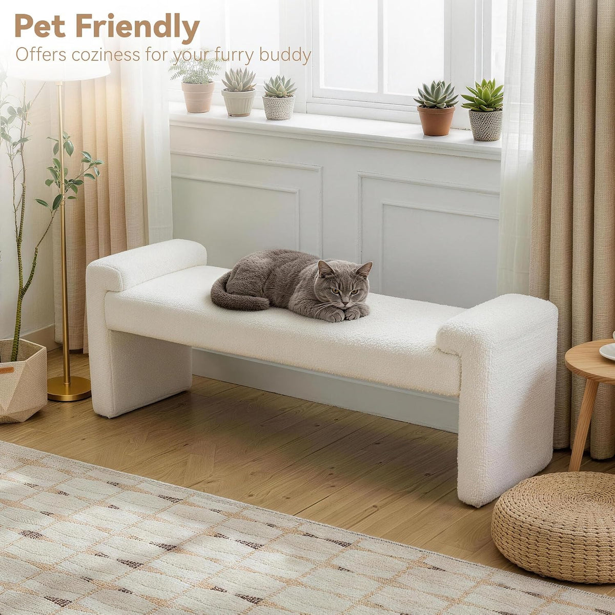 Upholstered Entryway Bench, 58.7" Modern Bedroom Bench, White