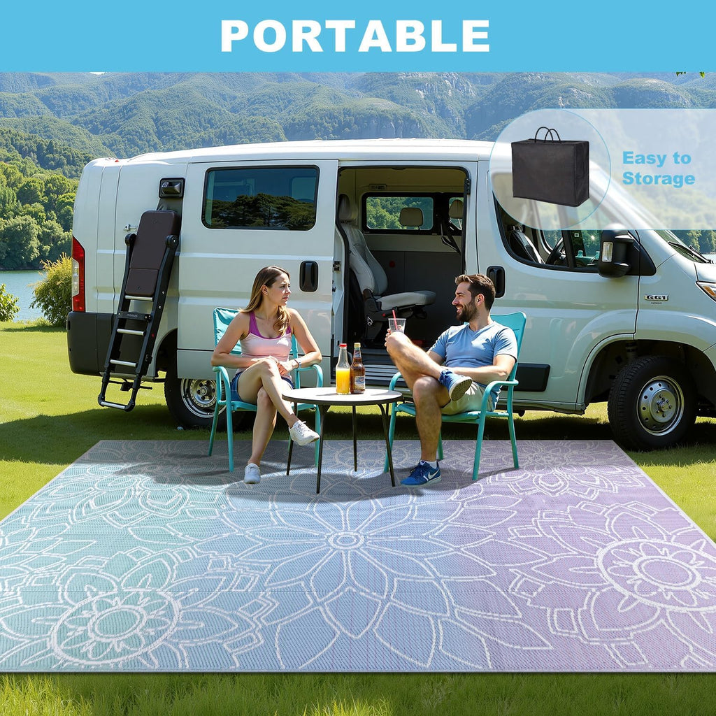 LOKHOM Outdoor Rug for Patio 6x9 ft Reversible Plastic Straw Patio Camping Rug, Floral Waterproof RV Mat for Camper Indoor Outdoor Carpet for Deck Porch Picnic Beach Balcony Backyard, Blue-Purple