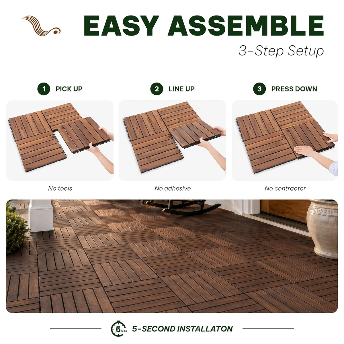 Acacia Interlocking Deck Tiles, 9 PCS Wood Flooring, 6 Slats, Walnut