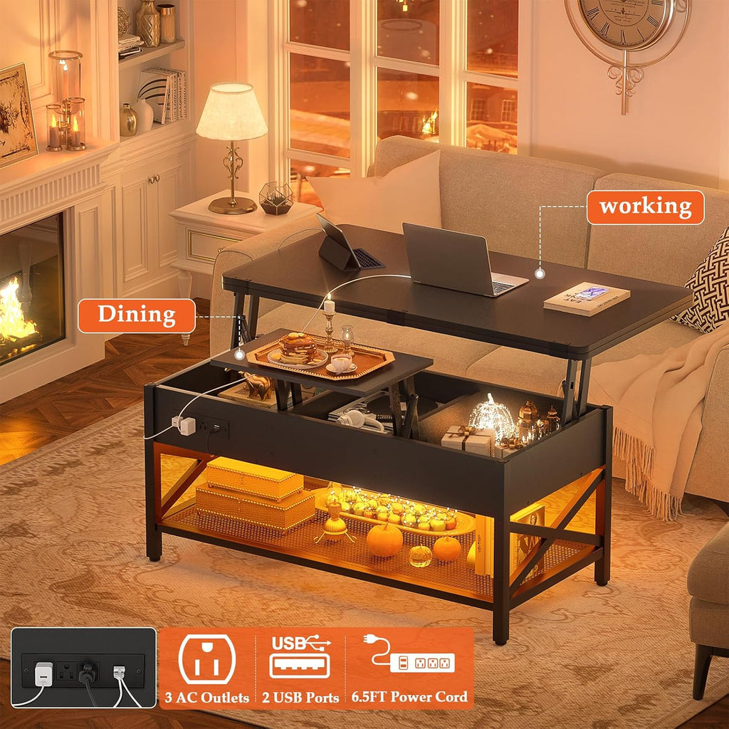 Aheaplus Lift Top Coffee Table with LED Light,Power Outlet & Shelves- Black