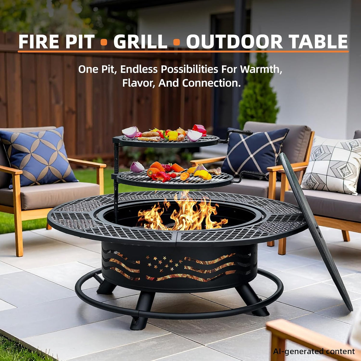 Panovue 47 Inch Fire Pit with 2 Cooking Grates and Table Lid