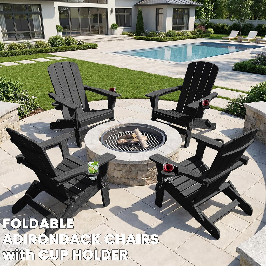 Folding Adirondack Chair with Cup & Wine Holder, HDPE Plastic Patio Chairs