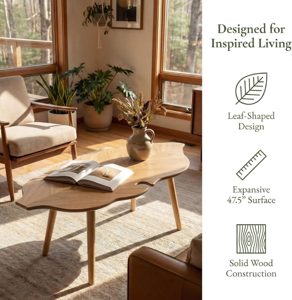 Natural Small Modern Coffee Table, Solid Wood Easy Assembly Center Table