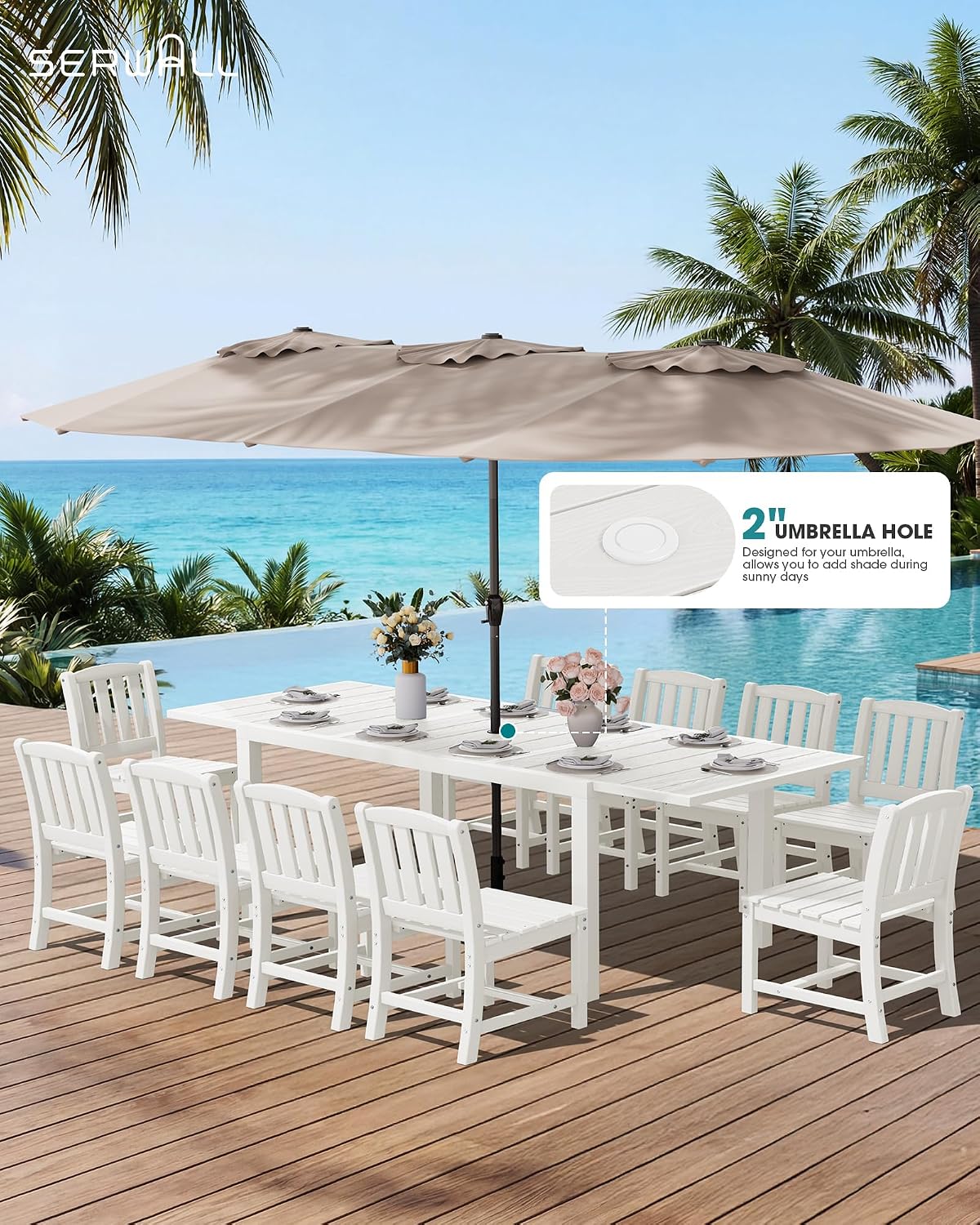 SERWALL Outdoor Expandable Dining Table, White