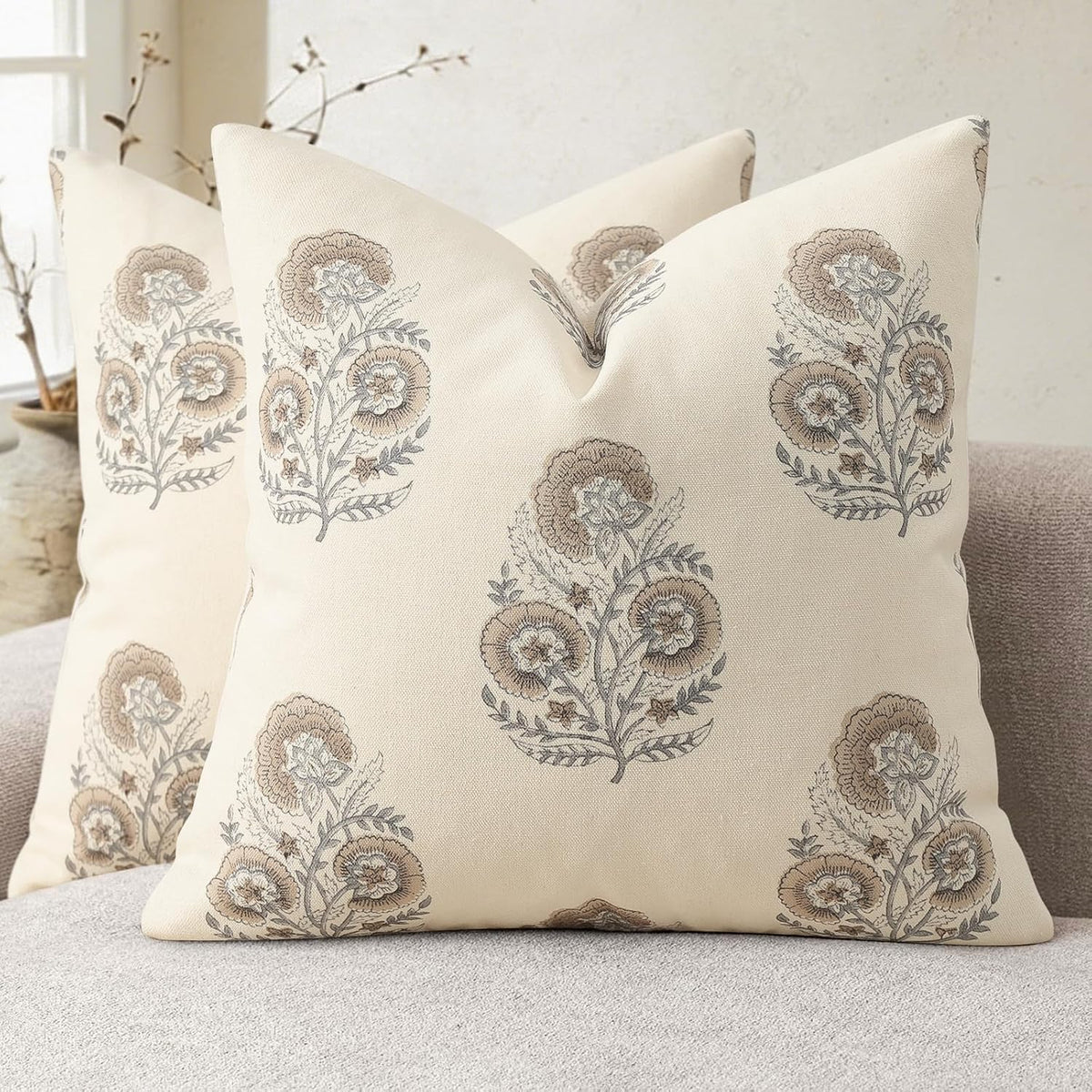 Vintage Floral Euro Sham Fall Pillow Covers 26x26 Set of 2 Patterned Accent Decorative Cushion Covers Modern Farmhouse Throw Pillow Covers for Bed Sofa Couch Chair Living Room Home Decor, Light Brown