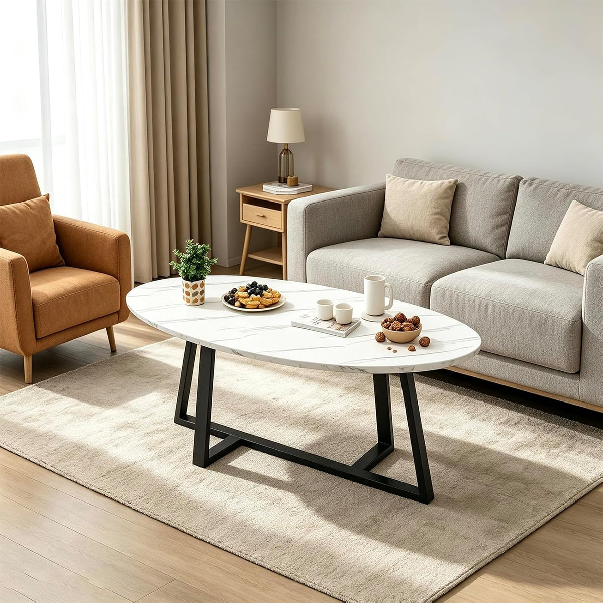 Wolawu Coffee Table Small Oval Table,White Faux Marble Table for Living Room, Modern Center Tea Tables for Small Space,Wooden Tables End Tables with Sturdy Black Metal Leg