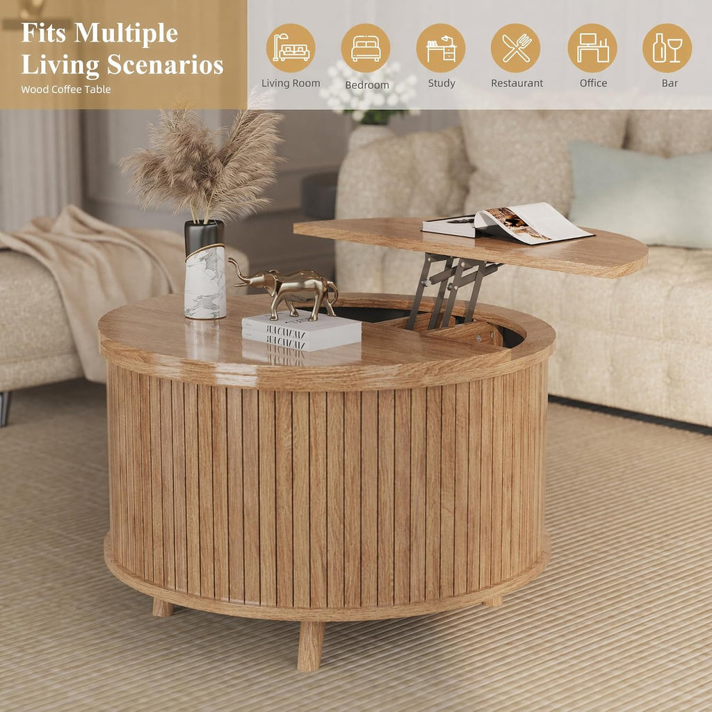 Easyego Lift Top Coffee Table for Small Spaces, 31.5" Mid-Century Modern Wooden Round Table with Storage, Circle Fluted Center Table for Living Room, Work from Home & Apartment, Natural