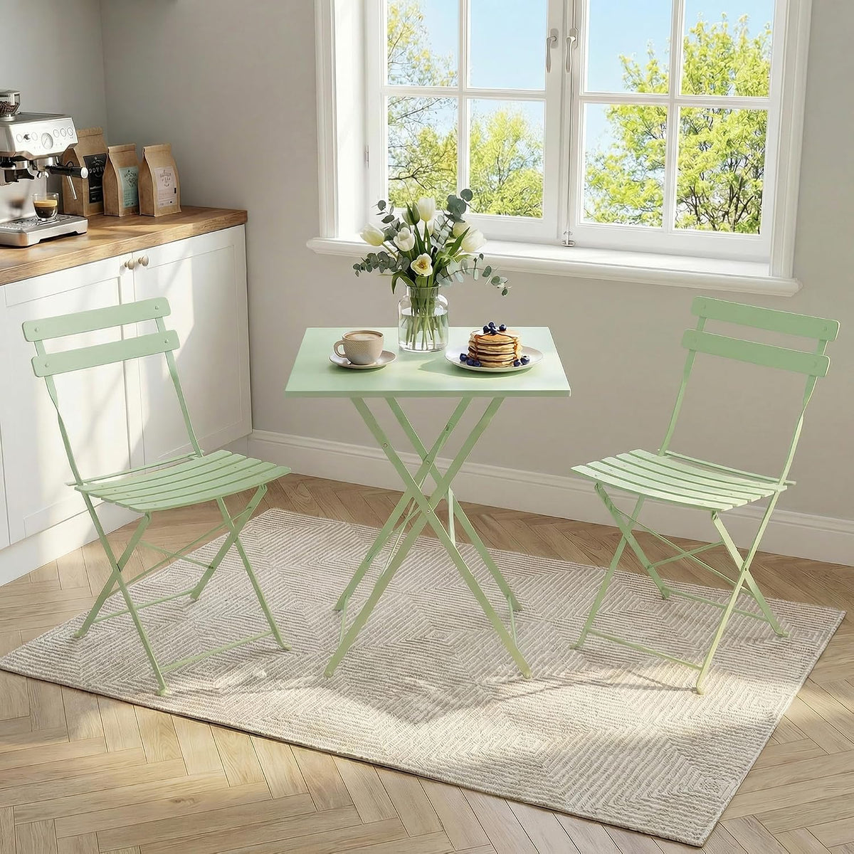 IDEALHOUSE Bistro Table and Chairs Set of 2, Folding Design, Green