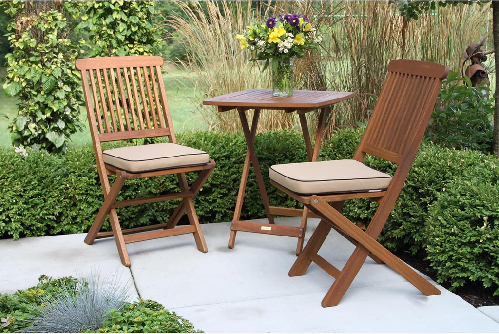 outdoor interiors eucalyptus wood 3-piece square foldable bistro shown in use