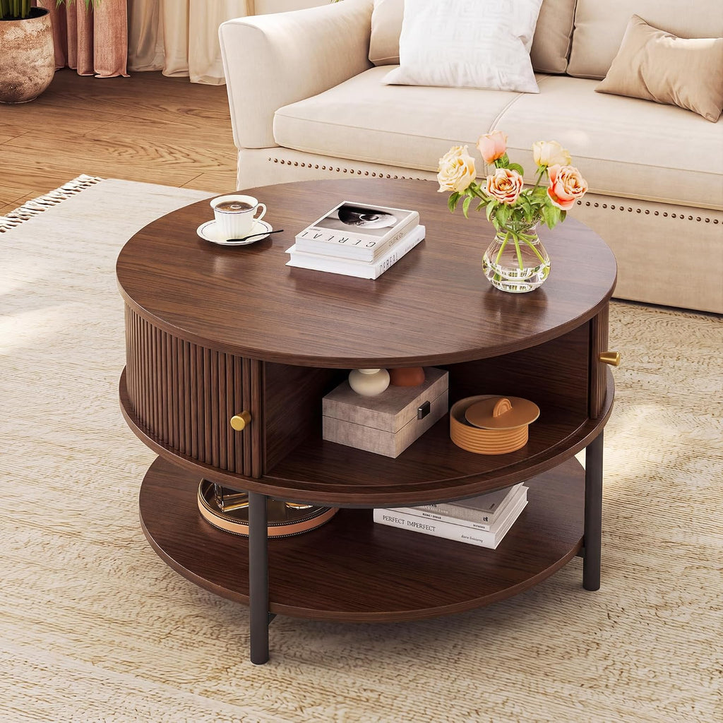 HUAHUU 23.6" Round Coffee Table, 3-Tier Center Table with Storage, Walnut