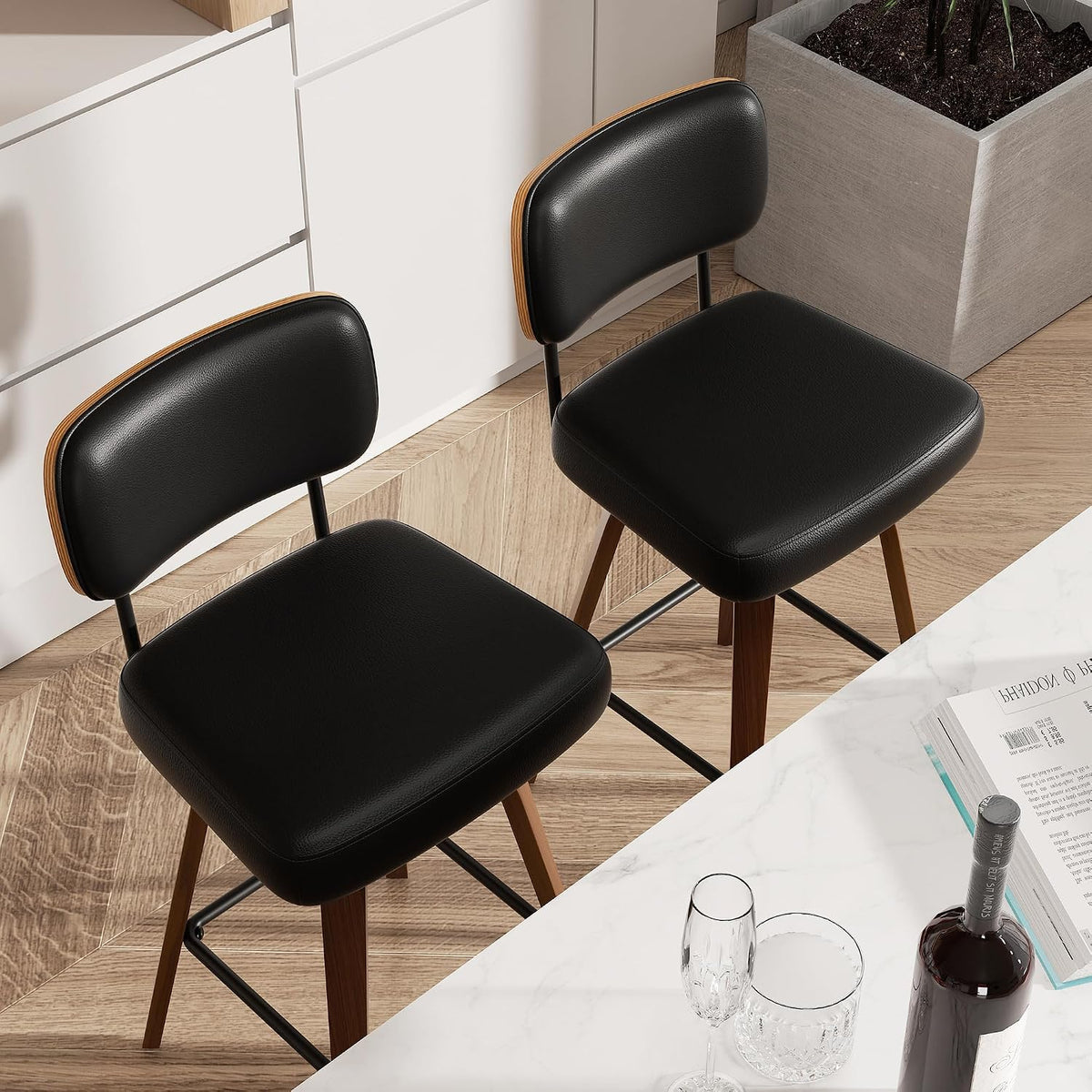 Swivel Bar Stools Set of 4, 26" Upholstered Faux Leather Counter Height Barstools with Walnut Back & Bentwood Legs, Mid Century Modern Bar Chairs Island Stools for Kitchen Counter, Black