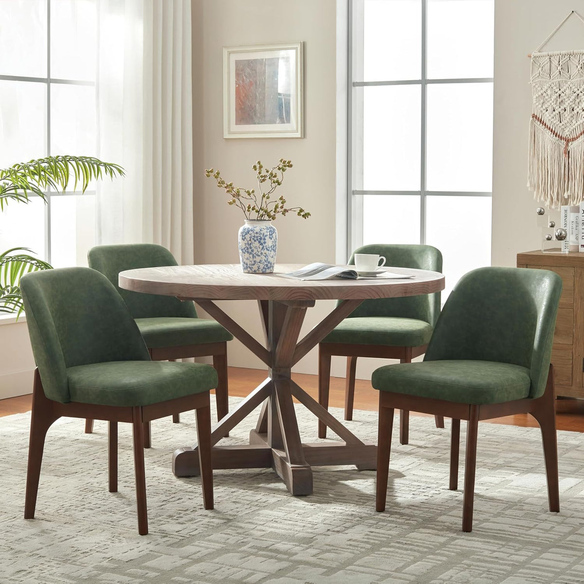 VKNOW Dining Chairs Set of 6, Faux Leather Wooden Kitchen Chairs, Green