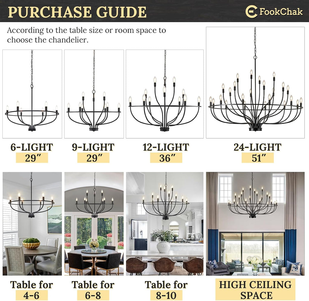 black farmhouse chandelier, 6-light dining room light fixture, side view