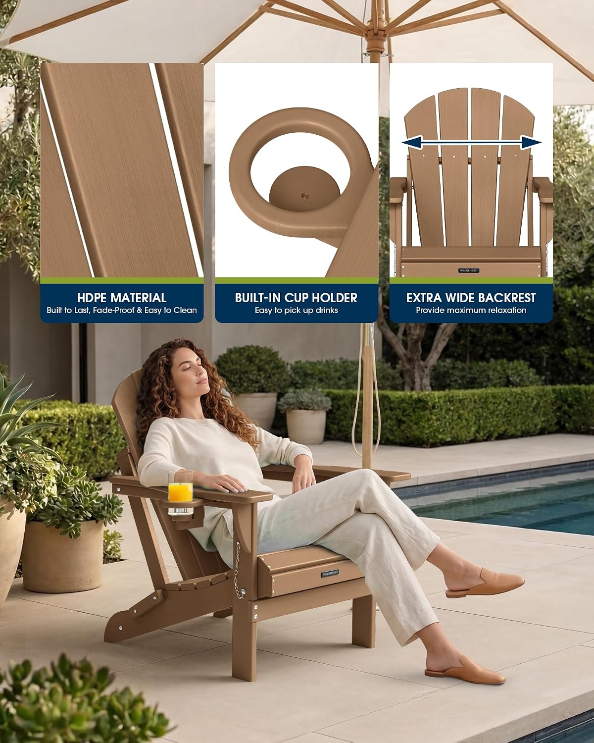 MUCHENGHY Folding Adirondack Chairs, Patio Chairs, Lawn Chairs, Outdoor Chair, Adirondack Chair Plastic, Fire Pit Chairs, Weather Resistant with Cup Holder for Deck, Backyard, Garden(Teak)