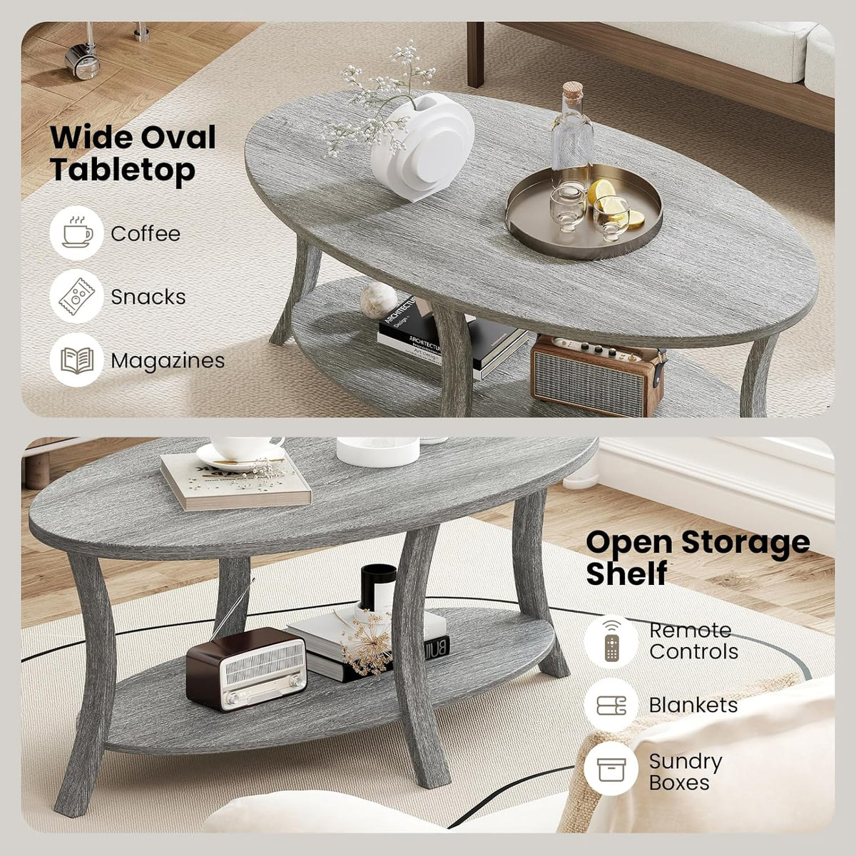 GIANTEX 44 Inch Oval Coffee Table, 2-Tier Center Table with Storage Shelf & Rubber Wood Frame, Modern Farmhouse Living Room Table for Reception Office, Gray
