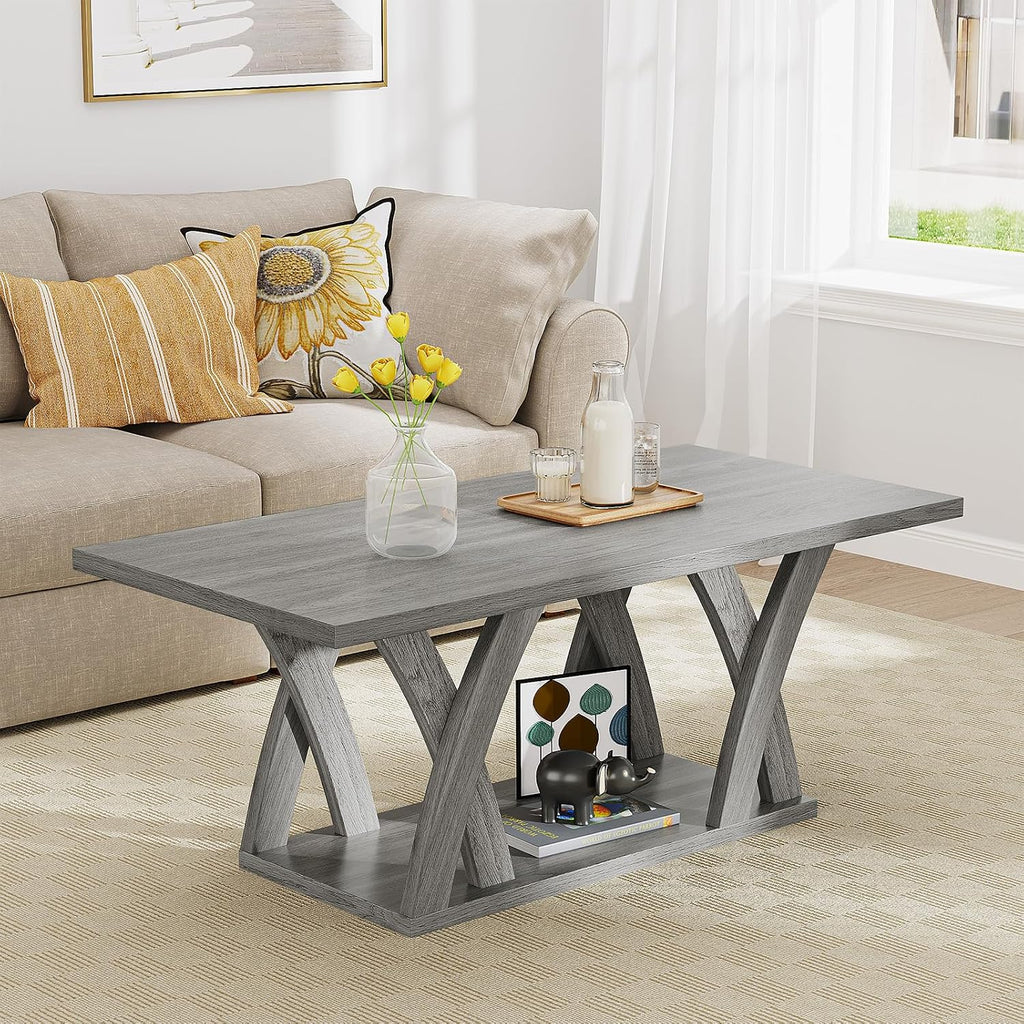 47" Farmhouse Coffee Table with Storage Shelf, Grey