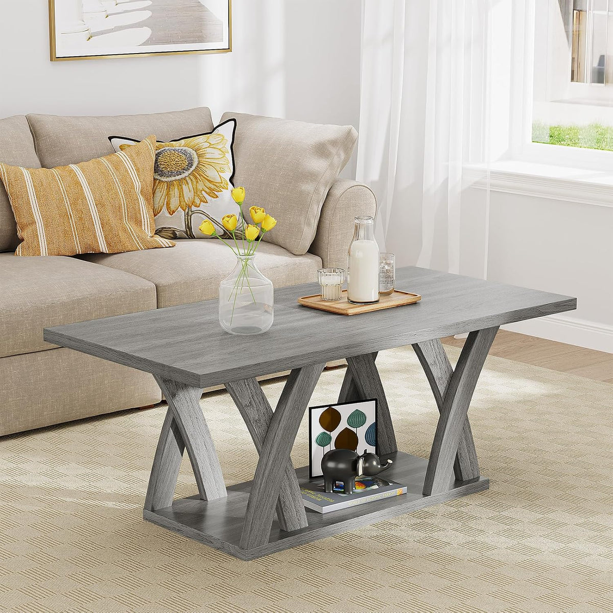 47" Farmhouse Coffee Table with Storage Shelf, Grey