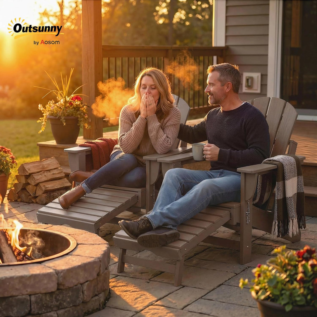 Outsunny Folding Adirondack Chair Set of 2 with Retractable Ottoman Brown