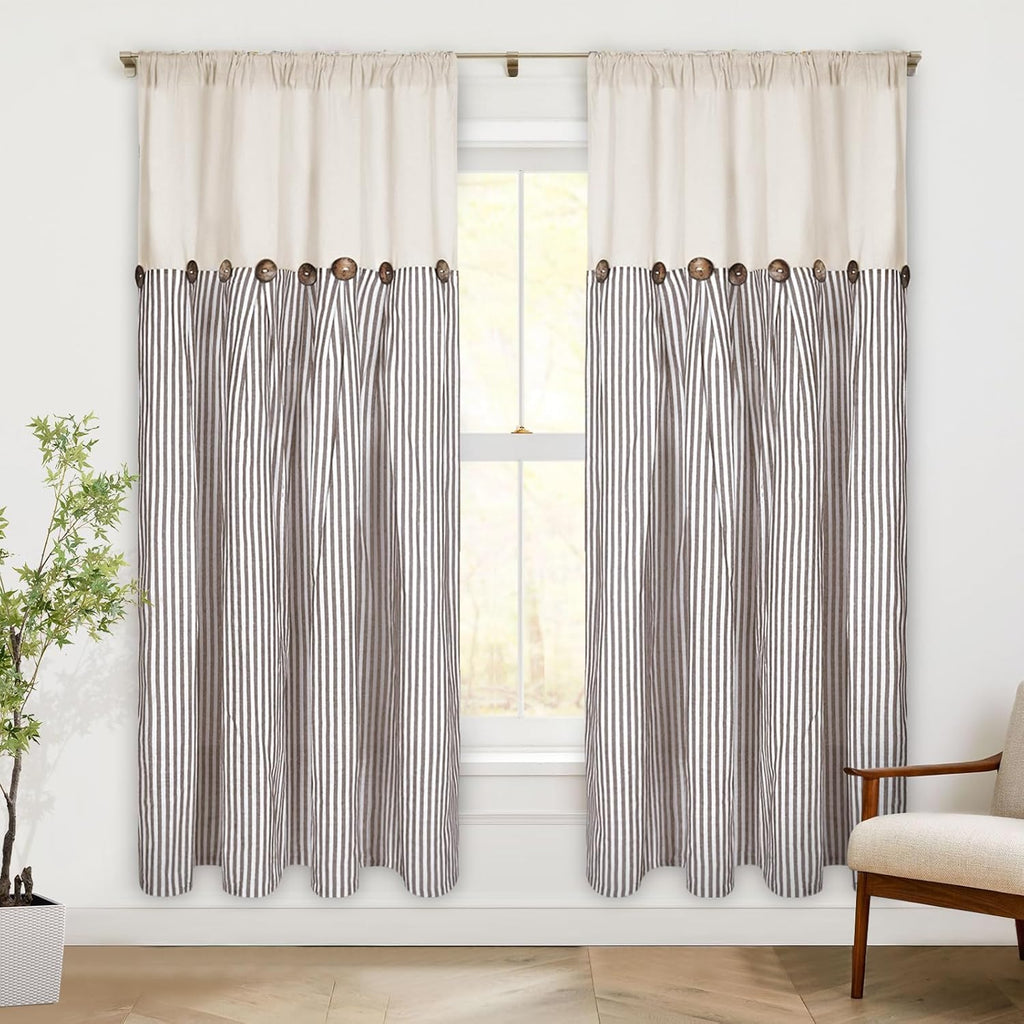 ASPMIZ Cotton Linen Farmhouse Curtains Boho Rustic Button Panel, Country Window Curtain Panels, Brown Stripe Modern Curtains for Living Room, Back Tab & Rod Pocket Curtain 52 x 63 Inch, 2 Panels