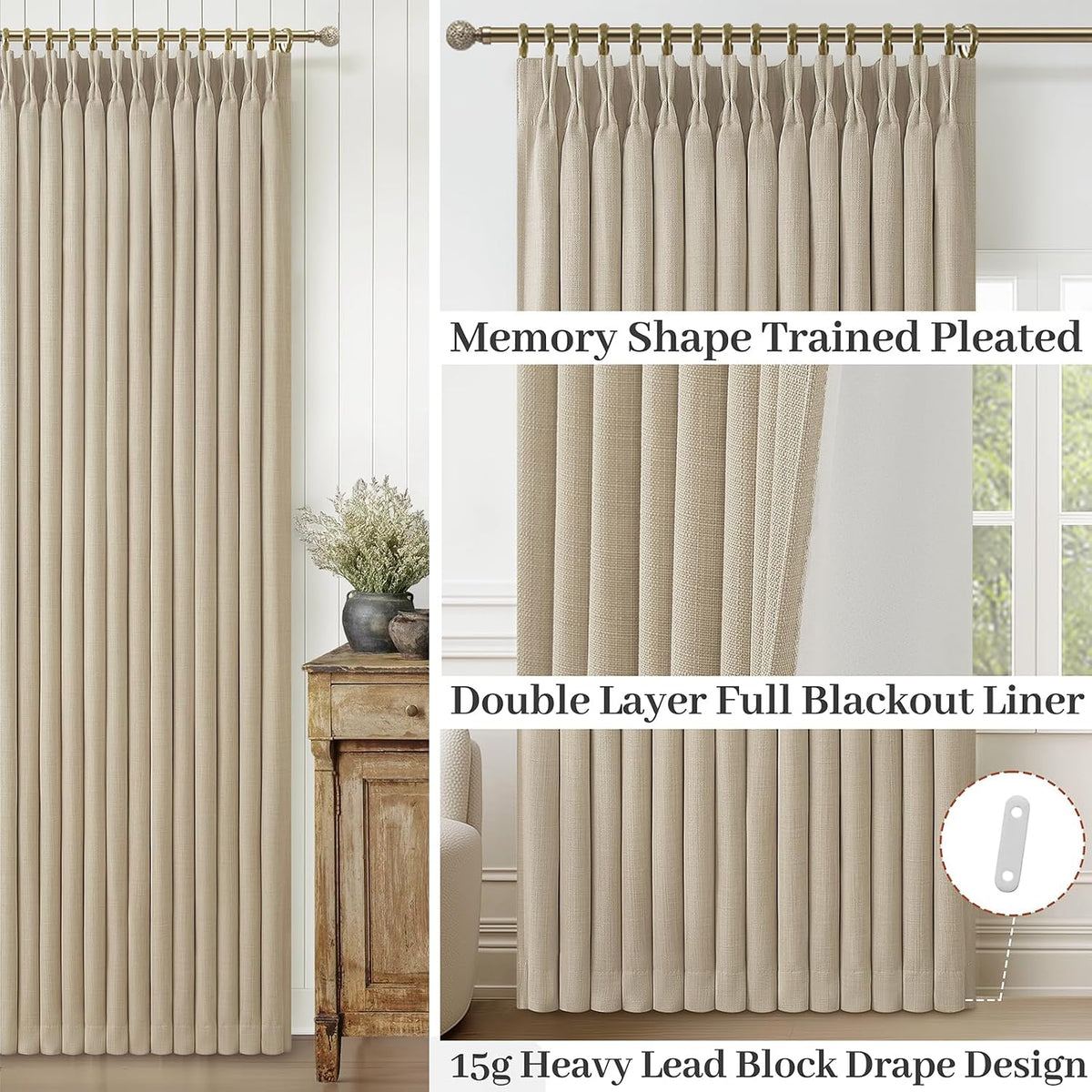 Pinch Pleated Linen Blackout Living Room Curtains 4 Panels Set 96 Inches Long, Natural Memory Trained Double Layer Linen Soundproof Thermal Modern Window Curtain & Drapes for Sliding Doors 8 FT Length