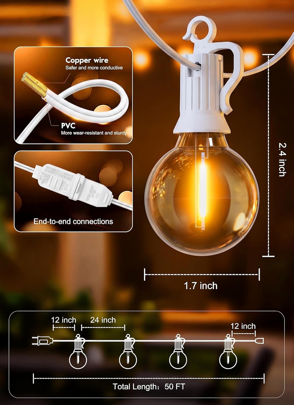 outdoor string lights, 50ft 25 led bulbs ip65, close-up detail