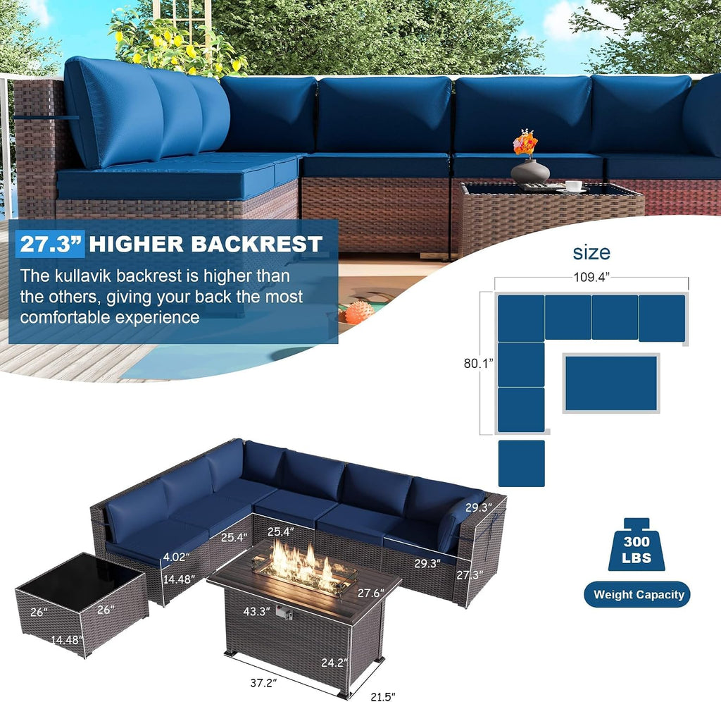 Kullavik 8 Piece Wicker Patio Furniture Set with Fire Pit Table