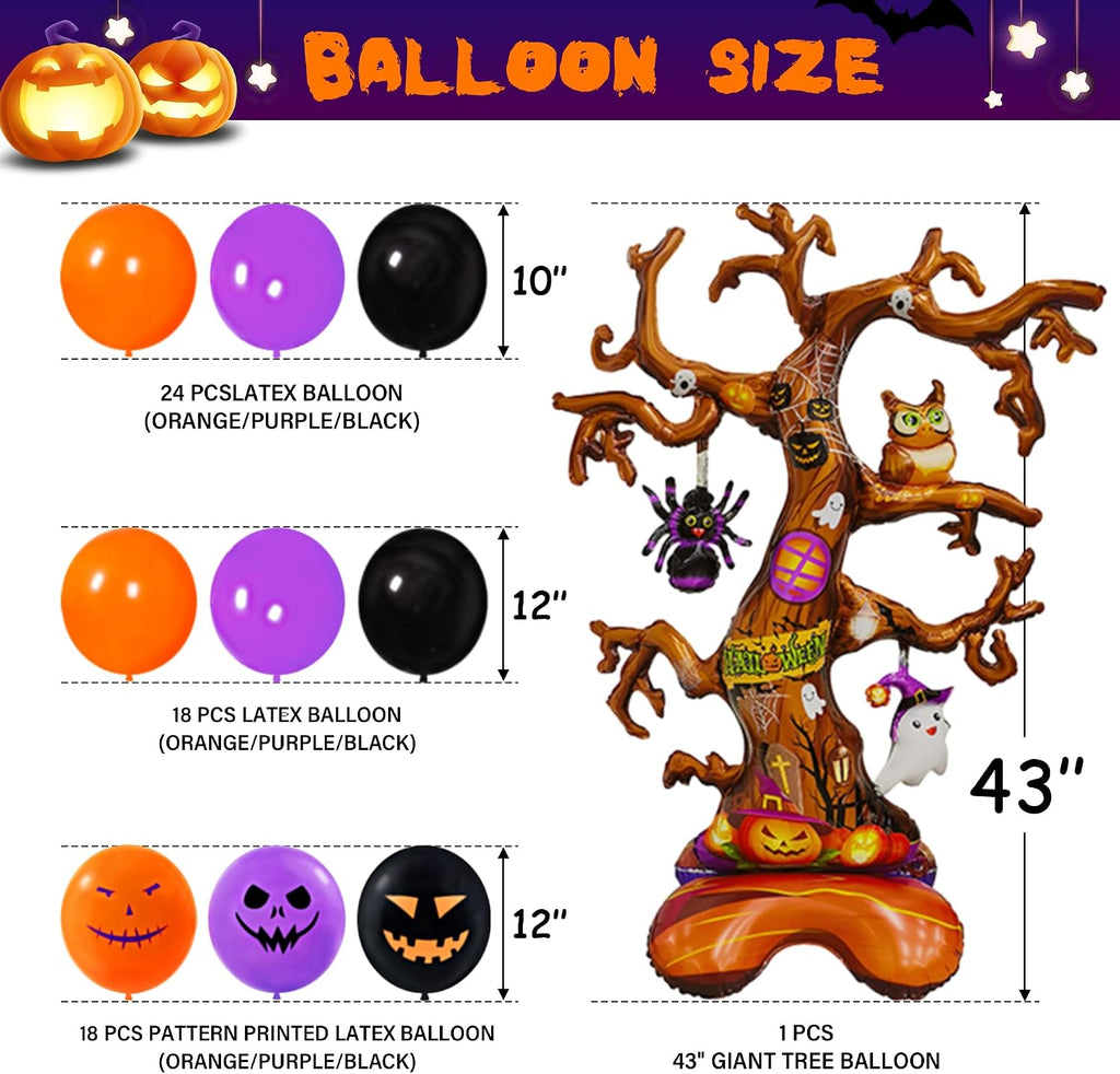 157 Pcs Halloween Party Decorations Kit, 43" Giant Tree Balloon, 4 Balloon Boxes, Happy Halloween Banner, 60 pcs Balloons, Artificial Leaves