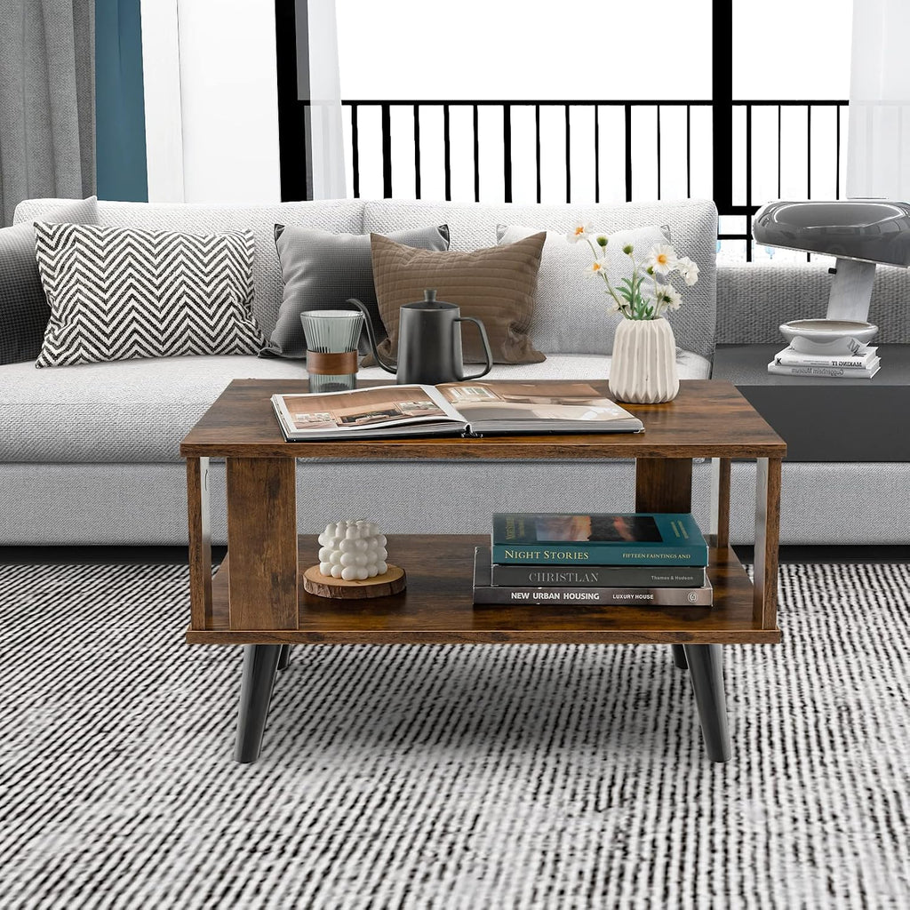 GIANTEX Small Wood Coffee Table, 2-Tier Tea Table w/Open Storage Shelf & Supportive Legs, Easy Assembly, Mid-Century Center Table for Living Room, Reception Room