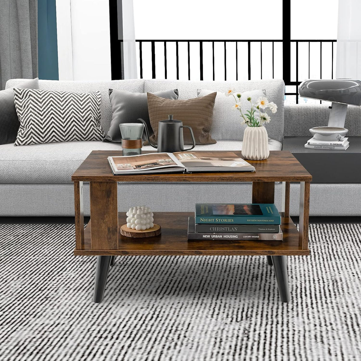 GIANTEX Small Wood Coffee Table, 2-Tier Tea Table w/Open Storage Shelf & Supportive Legs, Easy Assembly, Mid-Century Center Table for Living Room, Reception Room