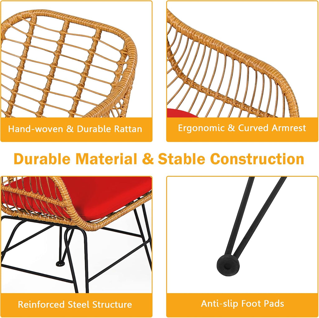DORTALA 3 Piece Outdoor Bistro Set, Small Patio Furniture Set with with Metal & Wicker Frame, Tempered Glass Tabletop, All-Weather Table and Chairs for Backyard, Balcony, Poolside, Red